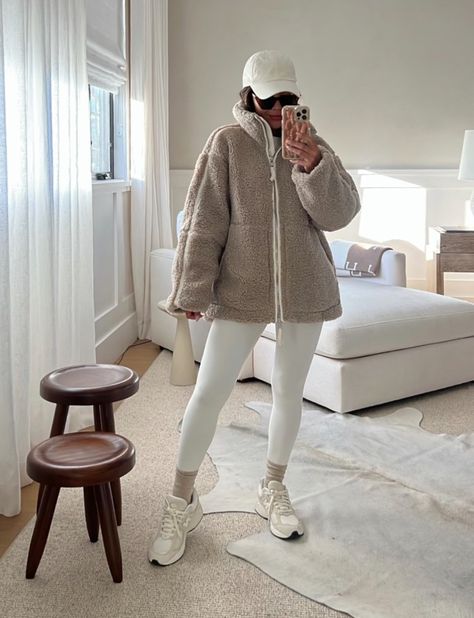 The infamous teddy jacket I wore last year is back in stock just in new colors! Cozy outfit idea, casual chic style, cozy comfy style, errands ootd, coffee run outfit, jacket for fall/winter 2023, teddy coat outfit idea, fall trends 2023, womens fashion, womens fashion trends, winter 2023 outfit idea, neutral cold weather outfit, what to wear this fall/winter 2023. Coffee Run Outfit Winter, Winter Walking Outfit Cold Weather, Sport Outfits Winter Cold Weather, Winter Sporty Outfits Cold Weather, Coffee Run Outfit, Oversized Teddy Coat Outfit, Oversized Sporty Winter Activewear, Oysho Outfits, Oversized Sherpa Outerwear For Fall