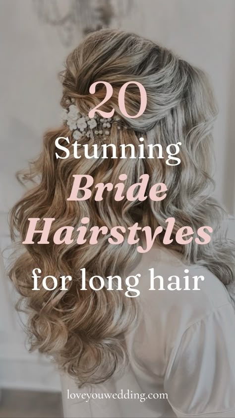 Find the perfect wedding hairstyles for long hair with our collection of 20 stunning long wedding hair ideas for wedding updos, half up half down, long wedding hair, and more. These long wedding hairstyles are the perfect bride hairstyle inspiration for your wedding day beauty. Wedding Styles Half Up Half Down, Half Up Bridal Hair With Veil Long Curls, Wedding Hair No Extensions, Wedding Hair Windy Day, Long Curly Wedding Hair Down, Wedding Hair For Long Hair Half Up, Half Up Bride Hairstyles, Bridal Hair Thick Long, Long Bride Hairstyles