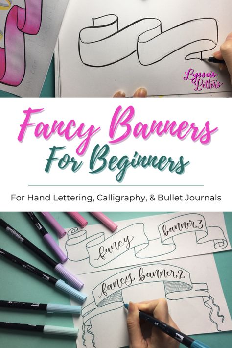 3 Fancy Banners Made Simple: a Youtube Tutorial led by Alyssa from @lyssas_letters . Add some flair to your calligraphy, brush lettering, or bullet journal with these fun, elegant ribbon banners that you’ll be able to master by the end of this video! Drawing Banners Ribbons, How To Draw A Ribbon Banner, Draw A Banner, Banners Drawing, Ribbon Calligraphy, Hand Lettering Business, Learn Lettering, Ribbon Lettering, Lettering Practice Sheets