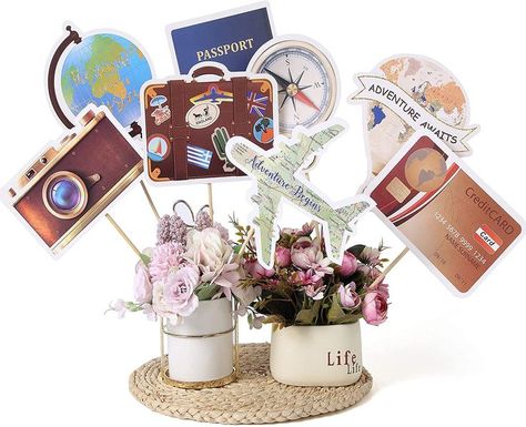 Let The Adventure Begin Centerpieces, Around The World Decorations, World Decorations, Travel Theme Party, Farewell Party Decorations, Graduation Party Photo Booth, Diy Card Box, Around The World Theme, Outdoor Graduation Parties