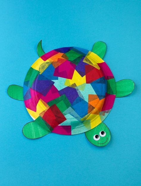 Paper Plate Turtle, Turtle Craft, Turtle Crafts, Paper Plate Crafts For Kids, Tissue Paper Crafts, Toddler Arts And Crafts, Summer Crafts For Kids, Animal Crafts For Kids, Paper Plate Crafts