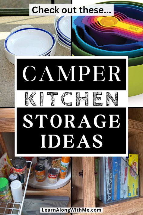 It can be tricky trying to cook in a small RV kitchen and find everything. Well, these RV kitchen storage ideas should help.  They range from neat nesting products to prevent cabinet sprawl, hanging organizers and even repurposing old magazine holders.   Check out these camper storage ideas for inspiration. Caravan Plate Storage Ideas, Travel Trailer Pantry Organization, Rv Plate Storage Ideas, Rv Under Dinette Storage Ideas, Ice Castle Fish House Storage Ideas, Small Rv Organization Ideas, Silverware Organization No Drawer, Rv Kitchen Storage Ideas, Rv Kitchen Storage