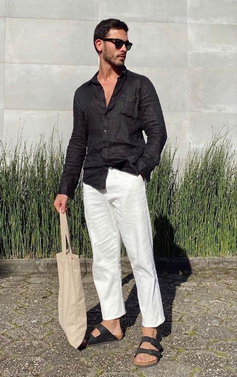 Black Linen Shirt Outfit, Black Linen Shirt Men, Men Summer 2023, Linen Outfit Men, Linen Summer Outfits, Linen Shirts For Men, Linen Shirt Outfit, Black Linen Shirt, Smart Casual Menswear