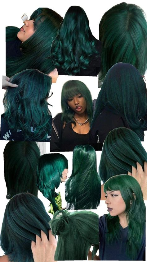 Jewel Toned Hair, Dark Green Hair Aesthetic, Dark Green And Black Hair, Hair Dye Ideas Green, Green Tips Hair, Dark Emerald Green Hair, Green Hair Curly, Emerald Green Hair Color, Deep Green Hair