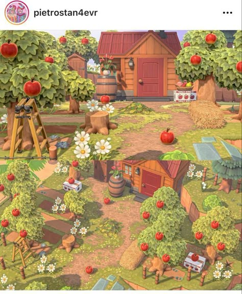 ｡*ﾟ+This design and decide is perfect for a more farmcore kinda vibe on your island, live the apples o the ground ext.｡*ﾟ+ Acnh Small Orchard, Normcore Island Acnh, Acnh Fruit Tree Layout, Acnh Community Garden, Acnh Orchard Layout Ideas, Normcore Acnh, Acnh Orchard Ideas, Acnh Farmers Market, Acnh Farm Design