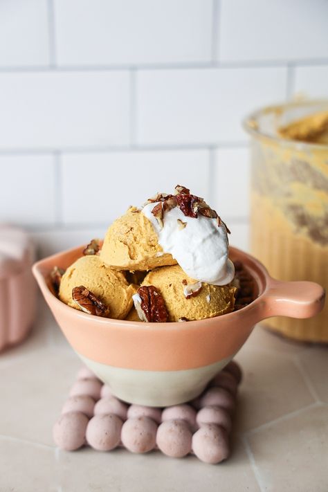 Vegan pumpkin ice cream is perfectly sweet, ultra creamy, & packed with just the right amount of pumpkin spice! Simple to make & so delicious! Non Dairy Pumpkin Ice Cream, Pumpkin Banana Ice Cream, Pumpkin Protein Ice Cream Ninja Creami, Butternut Squash Ice Cream, Vegan Pumpkin Spice Ice Cream, Vegan Pumpkin Ice Cream, Healthy Pumpkin Dessert, Ice Cream Pie Recipe, Pumpkin Pie Ice Cream