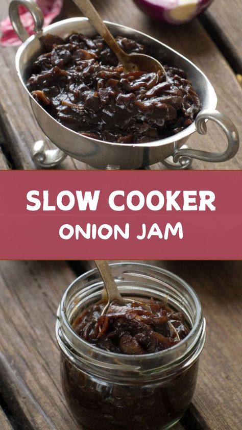 Slow Cooker Onion Jam Crockpot Onion Jam, Apple Onion Jam, Slow Cooker Onion Jam, Maple Onion Jam, Onion Jam Recipe, Crockpot Desserts, Slow Cooker Christmas, Homemade Jams, Carmelized Onions