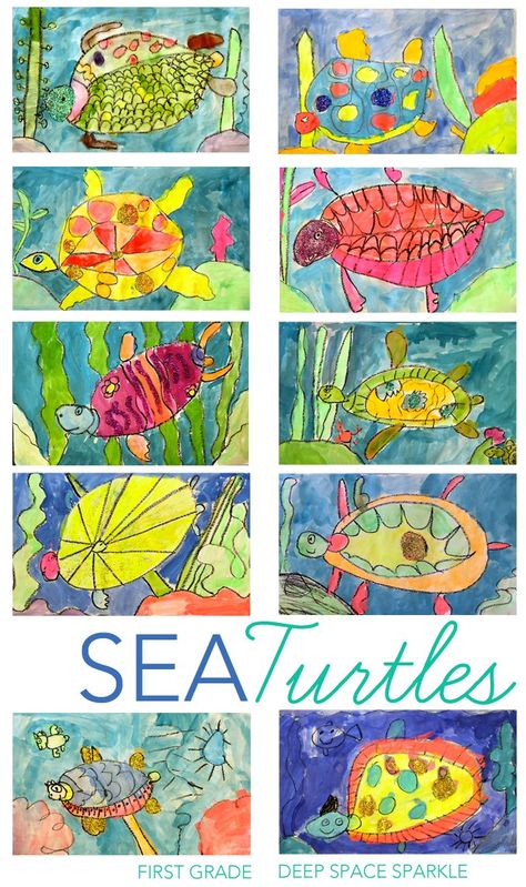 How to draw and paint a sea turtle using simple art supplies.First grade gallery Paint A Sea Turtle, Sea Turtles Art, Sea Turtle Drawing, First Grade Art, Deep Space Sparkle, Art Project For Kids, Animal Art Projects, Turtle Drawing, 2nd Grade Art