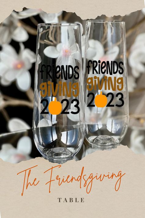 Friendsgiving 2023 champagne flutes. Perfect for your Thanksgiving party. Great for your Friendsgiving table setting or as a party favor. Friendsgiving Pj Party, Friendsgiving Pajama Party, Friendsgiving Goodie Bag Ideas, Friendsgiving Party Favors Diy, Friendsgiving Glasses, Friendsgiving Gift Ideas For Friends, Friendsgiving Gift Ideas, Friendsgiving Games For Adults, Friendsgiving Party Favors