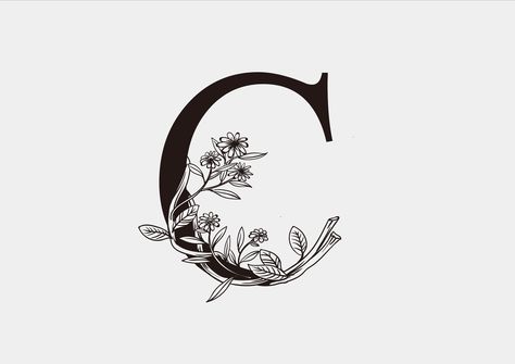 Floral Monogram Letter C combines with wild flowers. Floral Letters Drawing, Letter C Tattoo, Letters Drawing, Monogram Tattoo, Floral Monogram Letter, Flower Words, C Tattoo, Drawing Tattoo, Letter Monogram