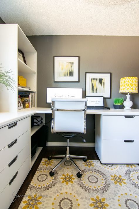 How Our Dual IKEA Home Office Saved Us | ©GarrisonStreetDesignStudio |  Ikea Hack | Before and After | Office Makeover | Home Office | Ideas | Design | Decor | DIY | Setup | For Two | White | Small | Home Office Ideas | On a Budget | Modern | Scandi | Work From Home | Built In | Storage | Gray | Yellow | Inspiration | Layout | Shared | Dual Office | Bedroom Office | Simple | Shelves | Study | Creative | IKEA | Desk | Workspace | Corner | Double | Grey | Minimal | Bright | Organized Ikea Corner Desk, Ikea Home Office, Office Hacks, Bright Office, House Is A Mess, Ikea Office, Tank Pool, Ikea Bedroom, Stock Tank