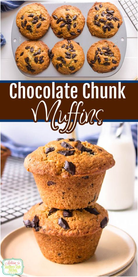 These bakery-style Chocolate Chunk Muffins can be enjoyed for breakfast, as a snack, or a handheld dessert. #muffins #chocolatechunkmuffins #muffinrecipes #easymuffins #breakfastrecipes #holidaybrunchrecipes #chocolate via @melissasssk Pecan Pie Mini Muffins, Dessert Muffins, Chocolate Chunk Muffins, Holiday Brunch Recipes, Southern Breakfast, French Toast Muffins, Mini Pecan Pies, Strawberry Muffins, Muffin Tin Recipes