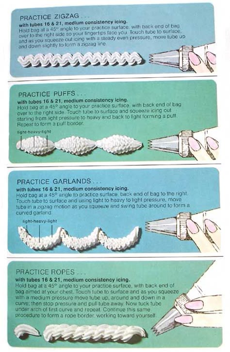 Tutorial - different ropes/borders Rope Piping Technique, Cake Decorating Piping Templates, Lambeth Cake Piping Techniques, Piping Practice, Cake Decorating Practice Sheets, Easy Cake Borders Piping Techniques, Piping Practice Sheets Printable, Piping Practice Sheets, Piping Borders On Cakes