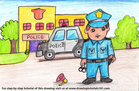 Policeman outside Police Station Scene Police Sketch Drawing, How To Draw A Police Officer, Dream Community Drawing, Policeman Drawing, Police Art Drawing, Police Station Drawing, Policeman Cartoon, Station Drawing, Police Station Illustration