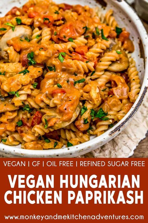 This Vegan Hungarian “Chicken” Paprikash is brimming with wholesome goodness, bathed in a flavorful paprika gravy, and served over a bed of noodles. #wholefoodplantbased #vegan #oilfree #glutenfree #plantbased | monkeyandmekitchenadventures.com Vegan Hungarian, Soy Curls Recipes, Hungarian Chicken Paprikash, Hungarian Chicken, Monkey And Me Kitchen Adventures, Monkey And Me, Chicken Paprikash, Soy Curls, Vegan Pasta