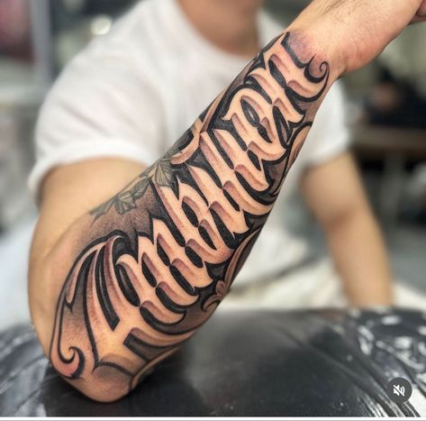 Font Arm Tattoo, Word On Arm Tattoo, Big Letter Tattoo, Letter Fonts For Tattoos, Chicano Tattoo Font, Arm Lettering Tattoo, Graffiti Tattoo Ideas, Chest Tattoo Lettering, Ambition Tattoo