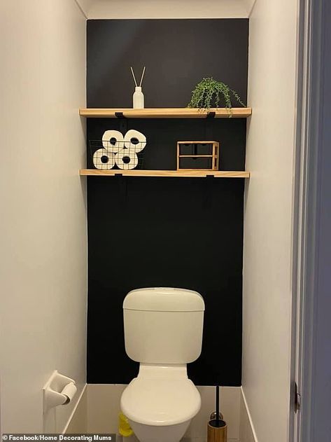 AFTER: But after a lick of paint and some shelving, the space was transformed into a moder... Small Bathroom Trends, Yellow Lighting, Bathroom Transformation, No Facebook, Amazing Diy, Wooden Shelves, Diy Bathroom, Modern Spaces, Home Decorating