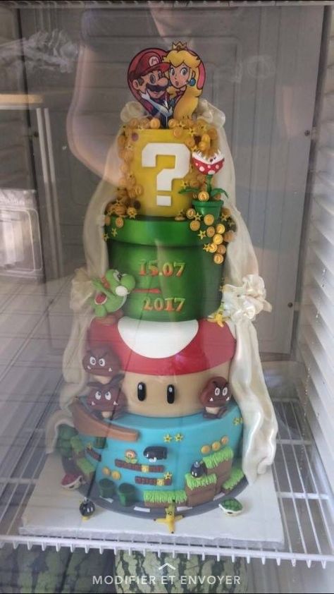 Video Game Wedding Cake, Mario Themed Wedding, Mario Wedding Cake, Gamer Wedding Cake, Geek Wedding Cake, Expensive Party, Mario Wedding, Universe Check, Video Game Wedding