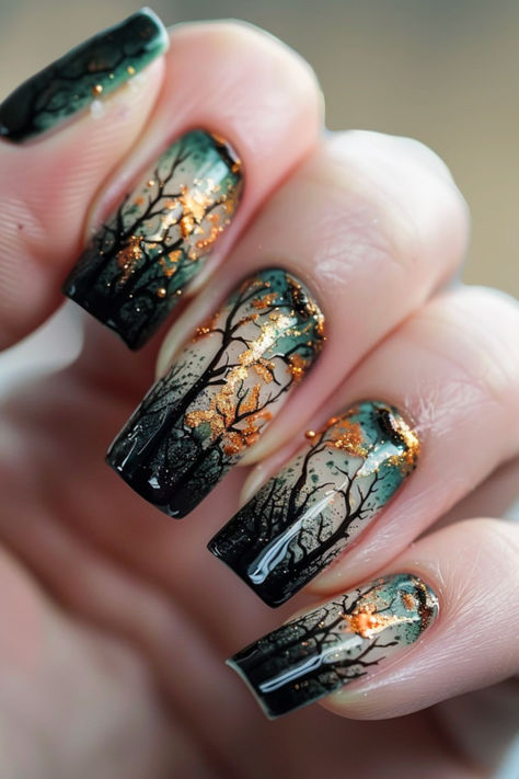 Enchanted Forest Nail Design Ideas For October Forest Nail Ideas, Twilight Nails Ideas, Fall Sage Nails, Spooky Tree Nails, Forest Themed Nails, Fall Tree Nail Designs, Enchanted Forest Nail Designs, Forest Nails Designs, Nature Nails Designs