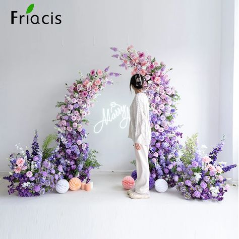 50.55US $ 40% OFF|Purple Rose Hyacinth Floral Arrangement With Moon Shape Horn Arch Frame Wedding Backdrop Flower Stand Event Party Window Display| |   - AliExpress Flower Runner Wedding, Floor Flower, Flower Runner, Delphinium Flowers, Arch Decor, Arrangement Floral, Arch Decoration, Event Table, Flower Stand