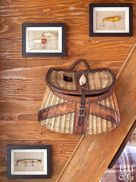 Rustic Camping Decor, Hunting And Fishing Decor, Lure Display, Fishing Cottage, Cabin Bedrooms, Cabin Fun, Cottage Decorating Ideas, Fishing Cabin Decor, Hunting Cabin Decor