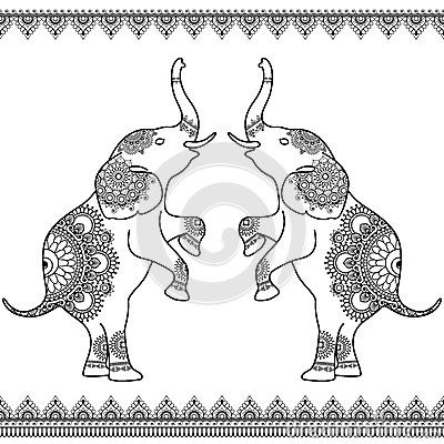 Two elephants standing up with seamless line lace borders in ethnic mehndi Indian henna style. Elephant Art Drawing, Elephant Line Drawing, Indian Elephant Art, Two Elephants, Indian Henna, Henna Style, Elephant Drawing, Pichwai Paintings, Textile Prints Design