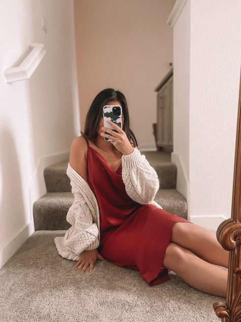 red slip dress under $30! Pair with a chunky caridgan for the perfect at-home Valentine’s day look #valentinesday #valentinesoutfit #reddress #slipdress Red Slip Dress Outfits, Red Satin Slip Dress, Slow Fashion Clothes, Slip Dress Outfit, Satin Clothing, Red Slip Dress, Breathable Clothes, Satin Slip Dress, Satin Slip