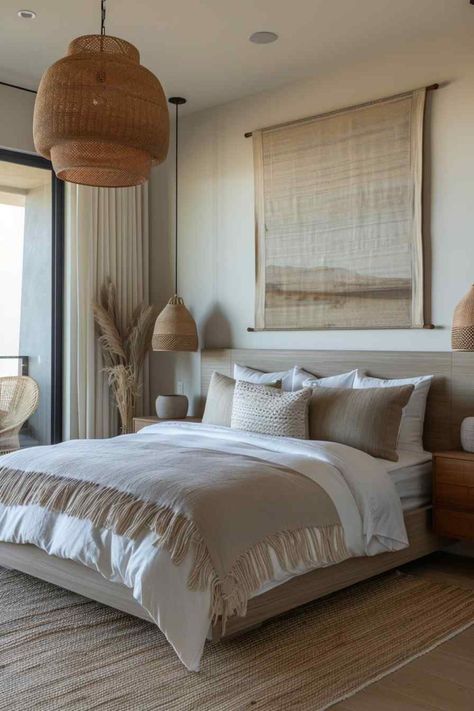 Bedroom Inspirations Master Japandi, Japandi Loft Bedroom, Boho Modern Bedroom, Japandi Interiors Bedroom, Spanish Finca, Bedroom Japandi, Beachy Boho Bedroom, Japandi Bedroom Design, Japandi Bedroom Ideas