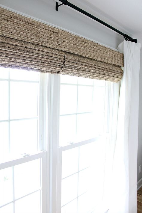 Just a little window dressing - This blogger transformed her windows with homemade curtains and woven shades from The Shade Store Window Treatments For Low Ceilings, Drapes For Living Room Ideas, Remote Shades, Farmhouse Woven Shades, Farmhouse Window Treatments, Homemade Curtains, The Shade Store, Camp Lake, Unique Curtains