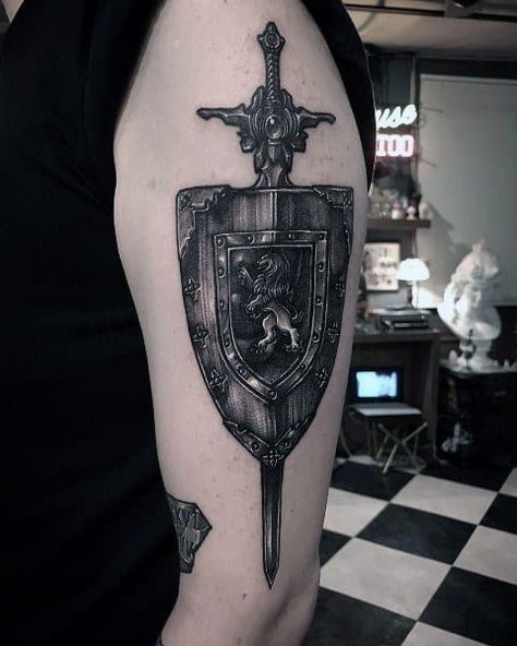 Top 70 Best Shield Tattoo Design Ideas For Men - Armor Body Art Shield Tattoos For Men, Armor Sleeve Tattoo, Men Armor, Armor Of God Tattoo, Armour Tattoo, Shoulder Armor Tattoo, Scottish Tattoos, Shield Tattoo, Celtic Cross Tattoos