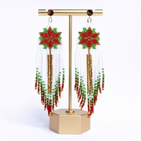 Get into the holiday spirit with my stunning Christmas earrings! Crafted using vibrant Miyuki Delica beads, these brick stitch fringe earrings feature a beautiful poinsettia seed bead design that dangles elegantly. Now availbale for oreder on my Etsy shop,link in Bio. #brickstitchpattern #christmasearrings #poinsettiaearrings #miyukipattern #fringeearringspdf #christmasgift #beadfringepattern #christmaspattern #miyukiearrings #beadfringeearrings #MiyukiDelica #seedbeadearrings #floralearr... Poinsettia Earrings, Miyuki Delica Beads, Brick Stitch Pattern, Delica Beads, Beaded Fringe, Christmas Earrings, Seed Bead Earrings, Fringe Earrings, Brick Stitch