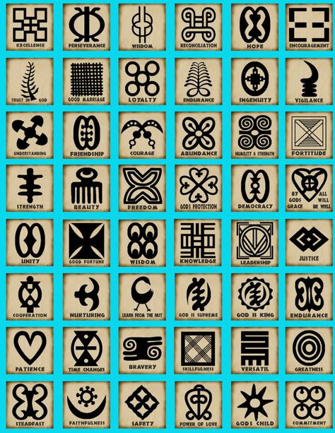 African symbols known as adinkra are ubiquitous in Ghana, a beautiful West African country on the Atlantic, situated between Cote d'Ivoire and Togo. On cloth and walls, in pottery and logos, these Asante tribe symbols can be found everywhere. Adinkra Cloth, Mode Logos, African Tattoo, African Symbols, West African Countries, Different Symbols, African Origins, Adinkra Symbols, Afrikaanse Kunst