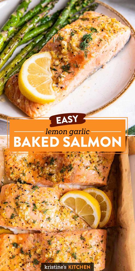 This baked salmon is brushed with lemon garlic butter and then baked until it's tender, moist and flaky. Serve it with mashed potatoes and green beans for a delicious family dinner! Garlic Baked Salmon, Baked Salmon Filets, Lemon Salmon Recipes, Baked Salmon With Lemon, Mashed Potatoes And Green Beans, Salmon Recipes Oven, Salmon Fillet Recipes, Baked Salmon Lemon, Oven Salmon