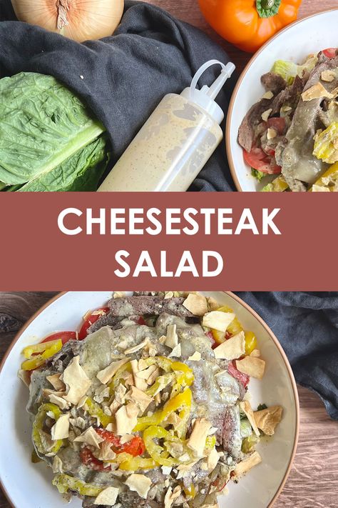 Two personal bowls of Cheesesteak Salad next to a squirt bottle of hoagie dressing Philly Cheese Steak Salad Recipe, Philly Cheesesteak Salad, Philly Cheese Steak Salad, Hoagie Dressing, Cheesesteak Salad, Hoagie Salad, Steak Salad Dressing, Steak And Cheese Sub, Roast Beef Salad