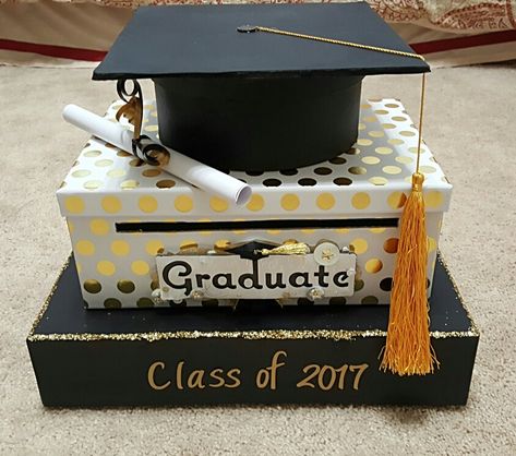 I made this card box for my daughters high school graduation Card Box Ideas, Graduation Card Box, Diy Graduation Decorations Party, Graduation Party Cards, Graduation Card Boxes, Graduation Box, Senior Graduation Party, Boy Graduation, Graduation Party High