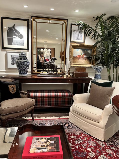 Cozy Boston Apartment, Ralph Lauren Basement, Ralph Lauren Meets Nancy Meyers Home, Ralph Lauren Entryway, Ralph Lauren Inspired Office, Ralph Lauren Living Room Inspiration, Ralph Lauren Home Aesthetic, Ralph Lauren Living Room, Ralph Lauren Interior Design