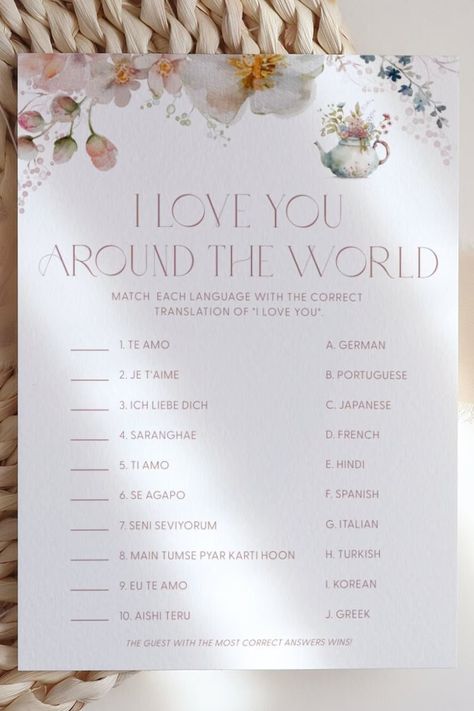 I Love You Around The World Game, Bridal Shower Tea Party Games, Bridal Tea Party Games, Tea Party Wedding Shower Ideas, I Love You Languages, Tea Party Wedding Shower, Tea Party Activities, Floral Tea Party, Tea Party Games