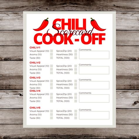 "Thanks for getting your party started with Party Pages!   🍁 About: Chili Cook-Off taste testing and rating scorecard size 8.5\"x11\" (one sided). This is a digital download (no physical item will be shipped).  You will receive 1 JPG and 1 PDF. 🍁 How it works: After purchase, download files (must be on web browser, not through the Etsy app). Then print at home or in-store (recommend printing on cardstock). Pass out scorecards at your next chili cook-off and let the fun begin! 🍁 Terms & Conditions: Colors may vary from screen when printed based on printer, paper type, etc. This is a digital file and non-refundable. All files are for personal use only. This file is not editable. 🍁 Questions? Message our shop and we will get back to you!" Chili Cook Off Ideas For Work, Chili Cook Off Score Card Free Printable, Chili Cook Off Awards, Chili Cook Off Score Card, Chili Cook Off Rules, Chili Cookoff, Chili Cookoff Ideas Decorations, Chili Cook Off Decorations, Chili Cookoff Ideas