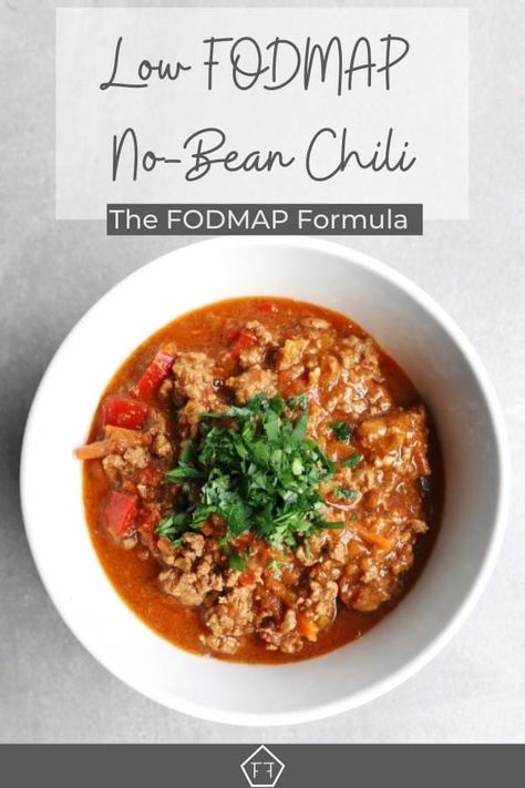 It might have seemed impossible, but this chili, my low FODMAP no-bean chili, is easy, delicious, and miraculously, won't hurt your gut! FODMAP Recipes | FODMAP Diet | FODMAP Diet Recipes | IBS Diet | IBS Diet Recipes | Low FODMAP Lunch | Low FODMAP For Work | FODMAP Dinner Recipes | FODMAP Dinner Easy | Dinner Ideas for Kids | Beef | Family | Healthy www.fodmapformula.com Low Fodmap Lunch, Ibs Diet Recipes, Recipes Low Fodmap, Low Fodmap Appetizers, Fodmap Dinner, Fodmap Lunch, Fodmap Recipes Dinner, Low Fodmap Recipes Dinner, Low Fodmap Diet Recipes