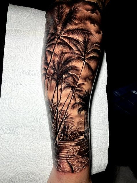 Florida Sleeve Tattoo, Beach Tattoo For Men, Beach Scene Tattoo, Surfing Tattoos, Jr Tattoo, Waterfall Tattoo, Harmony Tattoo, Beach Inspired Tattoos, Jungle Tattoo