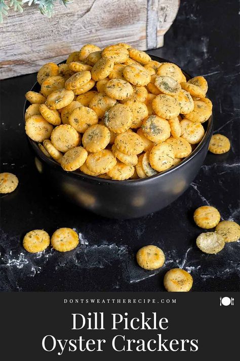 These dill oyster crackers are a poppable addictive snack! Bold seasonings, oyster crackers, and a plastic bag are all you need to make this recipe. Taco Oyster Crackers Recipe, Dill Crackers Recipe, Dill Oyster Crackers, Seasoned Crackers Recipe, Oyster Cracker Snack Mix, Oyster Cracker Snack, Salad Croutons, Savory Chex, Savory Chex Mix