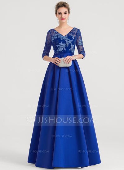 [US$ 162.99] Ball-Gown V-neck Floor-Length Satin Evening Dress (017147968) Blue Gowns, Satin Evening Dress, Style Bleu, Dress Pesta, Striped Wedding, Wedding Apparel, Mother Of Groom Dresses, Satin Evening Dresses, Women Dresses Classy