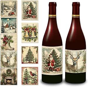 mdgfge Christmas Wine Bottle Label Stickers Vintage Xmas Adhesive Wine Bottle Cover Santa Elk Design for Winter Family Party Wine Bottle Decorations Supplies (9 Pcs) Christmas Wine Bottle Labels, Holiday Wine Bottles, Christmas Wine Bottle, Wine Bottle Stickers, Wine Bottle Label, New Year's Party Decorations, Wine Stickers, Christmas Wine Bottles, Red Wine Bottle