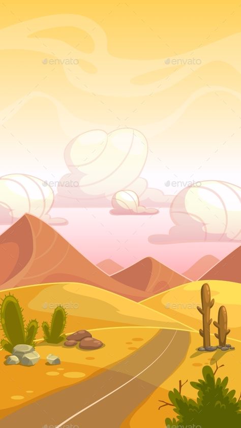 Cartoon Desert Landscape by Lilu330 Cartoon desert landscape with cactuses, stone, sand dunes, road and cloudy sky. Vertical vector outdoor illustration. Background f Desert Cartoon, Outdoor Illustration, Desert Illustration, Episode Backgrounds, App Background, Beach Illustration, Illustration Background, Southwest Art, Simple Cartoon