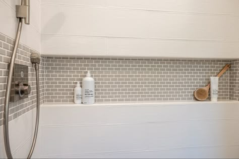 Shower Stall Niche Ideas, Shower With Built In Shelf, Tiled Tub Shower Combo Alcove, White Shower With Niche, Long Horizontal Shower Niche, Long Niche Bathroom, Shower Alcove Shelf, Tiled Shower Shelf, Shower Shaving Shelf