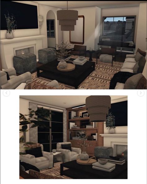 Bloxburg Tv Room Ideas, Bloxburg Coffee Table, Bloxburg Realistic Living Room Ideas, Cozy Bloxburg Living Room, Bloxburg Interior Living Room, Things To Add To Your Bloxburg Living Room, Bloxburg Modern Farmhouse Living Room, Bloxburg Livingrooms, Suburban Bloxburg Living Room