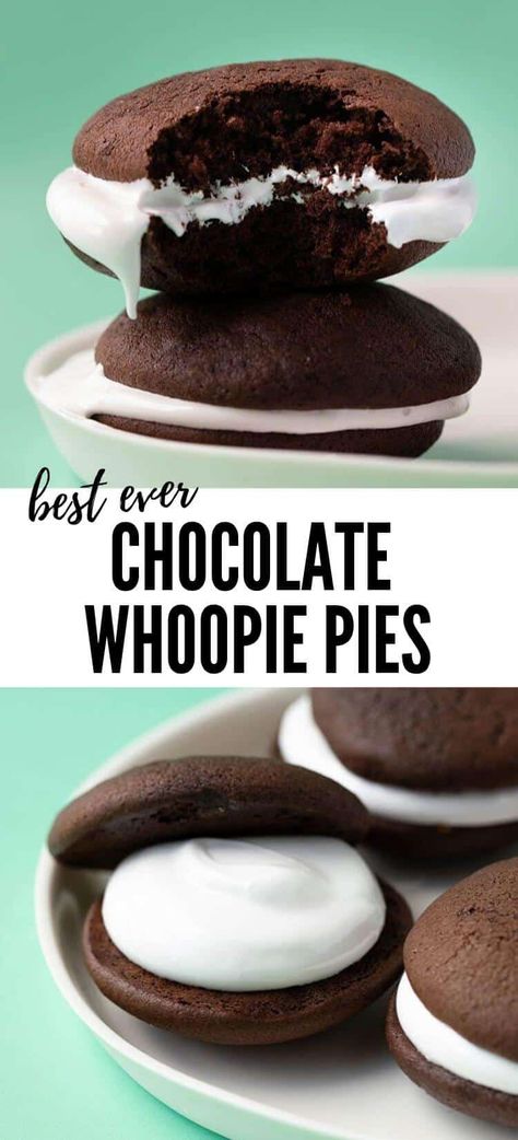 Deliciously soft and chewy Chocolate Whoopie Pies filled to the brim with homemade marshmallow fluff. Recipe from sweetestmenu.com #cookies #chocolate #marshmallow Marshmallow Fluff Recipe, Whoopi Pies, Whoopie Pie Filling, Marshmallow Fluff Recipes, Homemade Marshmallow Fluff, Mint Desserts, Whoopie Pie Recipe, Chocolate Whoopie Pies, Homemade Marshmallow