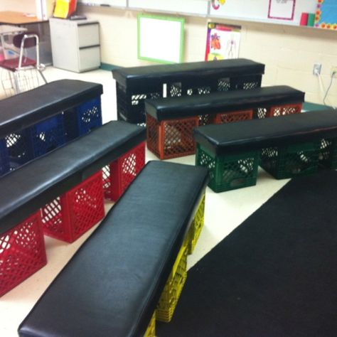 love this idea instead of having the kids sit on the floor! Crate Seats Classroom, Milk Crate Seats, Alternative Seating Classroom, Library Seating, Flexible Seating Classroom, Crate Seats, Alternative Seating, Classroom Seating, Diy Organizer