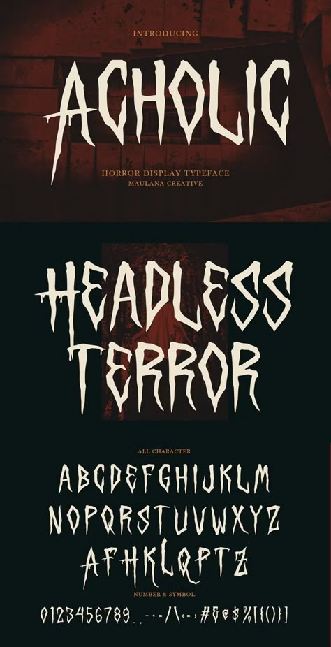 Acholic Horror Display Typeface Font Horror Font Alphabet, Horror Typography Graphic Design, Creepy Fonts Alphabet, Heavy Metal Typography, Horror Logo Design, Horror Typeface, Horror Movie Font, Vampire Font, Scary Lettering