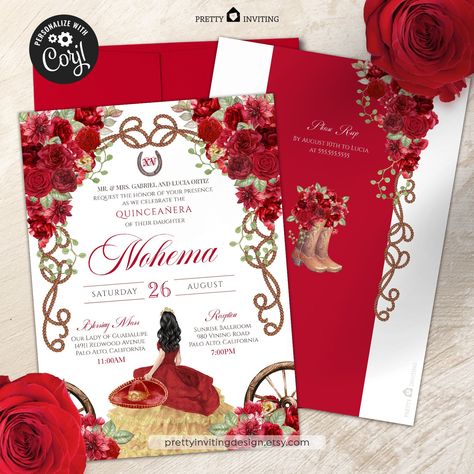 EDITABLE: Red Charro Quinceañera Invitation, Fancy Red Floral, Charro Vestido, Rustic Western Quinceanera Template - V1 QD2402017 Quinceañera Invitation, Us Holidays, Singles Events, Colored Envelopes, Editable Invitations, Party Planner, Red Rose, Quinceanera, Web Browser